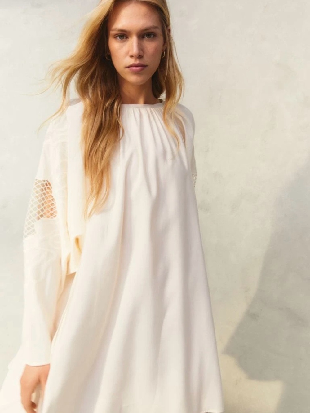 H&M Cream Boho Mini Crochet Embroidered Balloon Sleeves - Picture 1 of 12